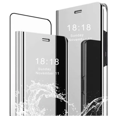 Abbildung von MLOTECH Schutzhülle für Samsung Galaxy S10e, Cover + Displayschutzfolie [2 teilig] Flip Clear View Transparent Spiegel Standing 360 Stoßfest Smart Bumper Silber