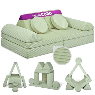 Abbildung von Linodino® Spielsofa Cord Fantasiewelt, Kindersofa Bausteine Kreative Stapelsteine für Kinder Kindercouch, Sofa Kuschelecke im Kinderzimmer Schaumstoff Softbausteine [Avocado Grün]