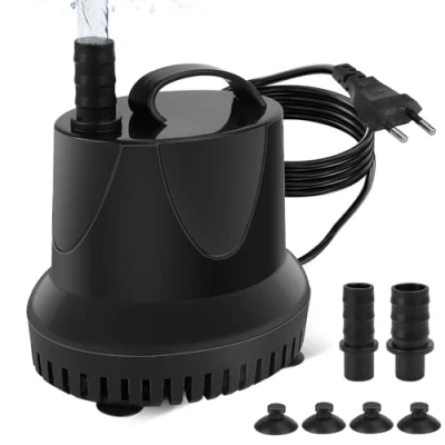 Abbildung von Mini Wasserpumpe (2000L/H, 25W) Teichpumpe/Brunnenpumpe/Aquarium Pumpe, Springbrunnenpumpe Maximale Sprühhöhe 1,8m, 4 Saugnäpfe an der Unterseite, 1,4 m Steckerkabel mit 2 Düsen(12/16mm),Geräuscharm