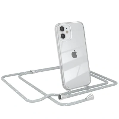 Abbildung von EAZY CASE Handy Chain kompatibel mit iPhone 12 Mini, Handykette Tasche transparent, Stoßfeste Soft Silikon TPU, Stylische Kette Hülle für Smartphone, Grau/Weiß Verschlüssen in Silber