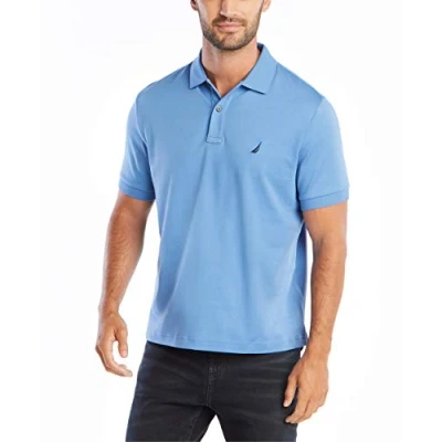 Abbildung von Nautica Herren Klassische Passform, kurzärmelig, einfarbig, weiche Baumwolle Polohemd, Rivieria Blue Solid, L