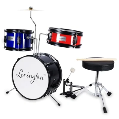 Abbildung von Lexington Kinderschlagzeug 3 PC, Schlagzeug Set für Kinde mit Snare, Tom, Bass Drum, Drum Pedal, Thron, Becken, Drumsticks, Schwarz, Blau, Rot