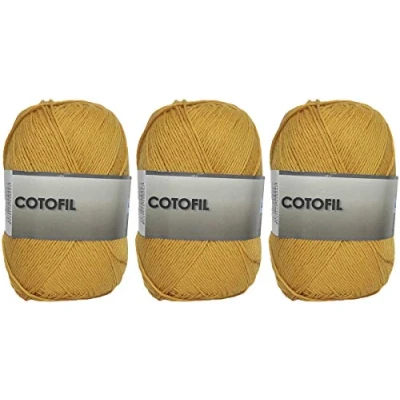 Abbildung von Baumwollgarn Cotofil 100% Baumwolle, perfekt zum Selbermachen und Handstrickgarne (Senf Farbe, 100 g, aprox.220 m Packung mit 3 Stück)
