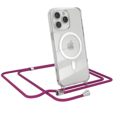 Abbildung von EAZY CASE Handykette kompatibel mit iPhone 15 Pro Max Kette zum Umhängen Stoßfest Handyhülle für Silikon Hülle Band Handytasche Transparent als Fallschutz in Pink
