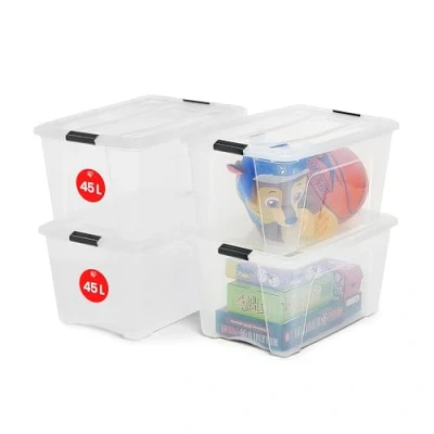 Abbildung von Iris Ohyama Aufbewahrungsboxen mit Deckel, 45L, 4er Set, Transparent, Sicherer Verschluss, Stapelbar, Griffe, Schlafzimmer, Schrank, Büro, Organisation, BPA freies Plastik, Ordnungsboxen, NTB 45