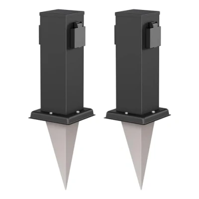 Abbildung von ledscom.de 2 Stück Garten Steckdosen Säule Polly mit Erdspieß für außen, IP44, Fach, Edelstahl, eckig, schwarz, 27cm