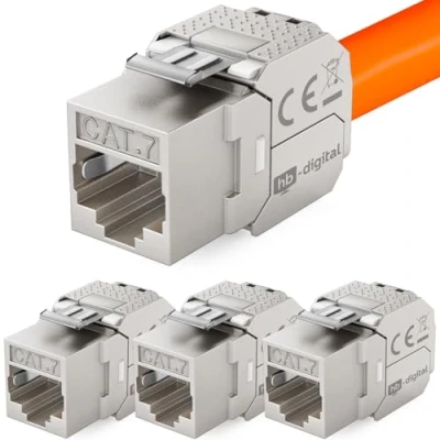 Abbildung von hb digital 4x CAT 7 Keystone RJ45 Modul Buchse für LAN Kabel 10 Gbit/s bis 600 MHz AWG 22 24 werkzeuglos LSA vollgeschirmt STP Einbaubuchse Patchpanel und Netzwerkdose