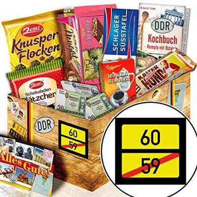 Abbildung von Ortsschild 60 Geschenke zum Geburtstag Mann Schokoladen Ossi Paket