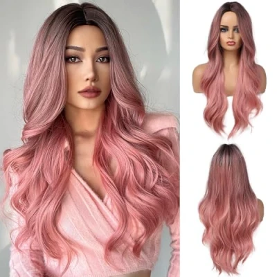 Abbildung von OUFEI Ombre Rosa Perücken mit Dunklen Wurzeln für Frauen Synthetische Hitzebeständige Faser Natürliche Lange Welle Tägliche Party Cosplay Tragen