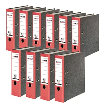 Abbildung von Original Falken 10er Pack Recycling Ordner Wolkenmarmor. Made in Germany. 8 cm breit DIN A4 roter Rücken Ringordner Aktenordner Briefordner Büroordner Pappordner CO2 Neutral Blauer Engel