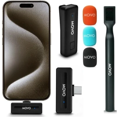 Abbildung von Movo Wireless Mini Ultra Compact Lavalier Microphone for iPhone with WMX HM Handheld Adapter Lapel Mic Handle Mount Content Creators, Interviews, Reporting and More (USB C)
