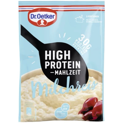 Abbildung von Dr. Oetker High Protein Mahlzeit proteinreicher Milchreis als Hauptmahlzeit oder Snack.