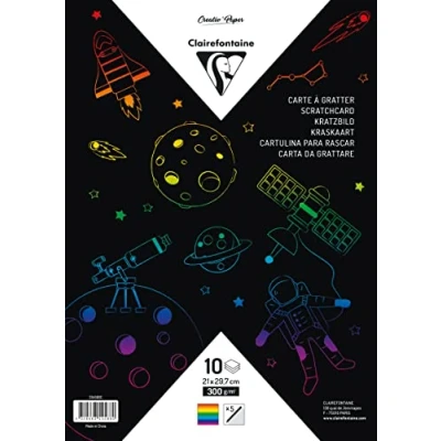 Abbildung von Clairefontaine 354588C Packung mit 10 Blatt Kratzbild, DIN A4, 21x29,7cm, 300g, inkl. Holzstäbchen, Regenbogen, 1 Pack