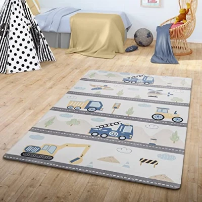 Abbildung von TT Home Teppich Kinder Kinderzimmer Kinderteppich Babymatte Straße Auto Wolke Berg, Farbe: Grau Weiß Gelb, Größe:155x230 cm