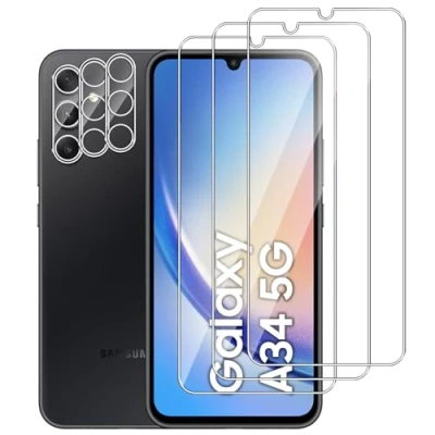 Abbildung von Dlxiks 3+3 Stück, Panzer Schutz Glas für Samsung Galaxy A34 5G, 3 Stück Schutzfolie Mit Kameraschutz, 9H Härte, Anti Kratzen, HD Klar Displayschutzfolie 5G