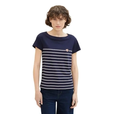 Abbildung von TOM Tailor Gestreiftes Ubootausschnitt Tshirt print, Damen, Größe: Large, Sky captain blue