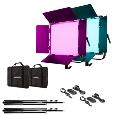 Abbildung von Walimex pro LED Flächenleuchte 2er Set Rainbow 50W RGBWW + Akku Dock I Videoleuchte &amp; Fotolicht dimmbares Dauerlicht mit RGB Farblicht Bi Color Weißlicht 3.200 9.999K App Steuerung Zubehör