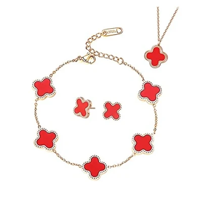 Abbildung von TOFBS Vierblättriges Kleeblatt Schmuckset für Damen Mädchen 18K Roségold Plattiert Edelstahl Zweiseitig Rot Schwarz Anhänger Halskette Ohrstecker Armband Schmuck Set (Rot)