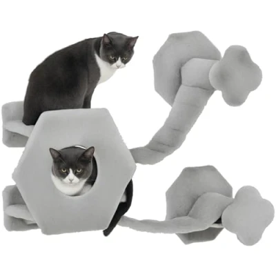 Abbildung von PawHut Katzen Kletterwand Katzenliege mit Stufen, Katzenhöhle, Sprungturm, Spielzeugball, für bis 5 kg, Hellgrau