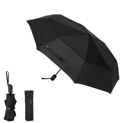Abbildung von Amazon Basics Reise Regenschirm, automatisch, kompakt, Winddicht, robust, mit Windschlitz, Achteckig, Schwarz, Einheitsgröße