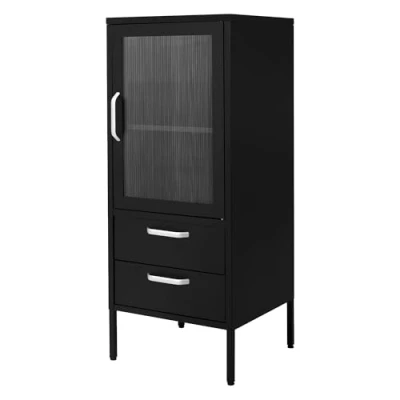 Abbildung von ML Design Vitrinenschrank 42x102x40 cm, Schwarz, Vitrine mit 2 Ablage /Regalfächer, 1 Tür &amp; Schubladen, Wohnzimmer Metallschrank aus Stahl, Industrieller Stil, Bücherschrank Aktenschrank Büroschrank