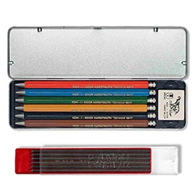 Abbildung von Koh I Noor VERSATIL 5217 Druckbleistifte im Metalletui, unterschiedliche Farben (6 Stück) und Graphitminen 2mm 2B (12