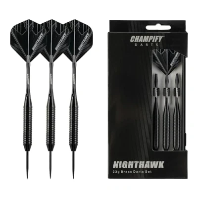 Abbildung von Champify® Messing Darts Set “Nighthawk mit 23g Barrel und Stahlspitze 3 Dartpfeile 6 Schäften &amp; Flights inkl. weiteres Zubehör Stahlspitzen ideal für Dart Anfänger