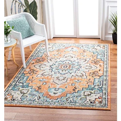 Abbildung von Safavieh Boho Teppich für Wohnzimmer, Esszimmer, Schlafzimmer Madison Collection, Kurzer Flor, Orange und Blaugrün, 122 X 183 cm