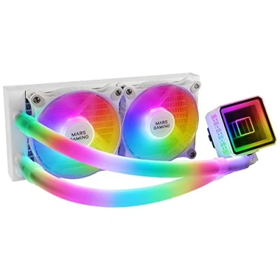 Abbildung von Mars Gaming ML ULTRA240 Weiß, Flüssig CPU Kühlung, TDP 500W, Infinity Mirror, 2 Silent FDB ARGB Lüfter, Rohre, Universal Multisocket