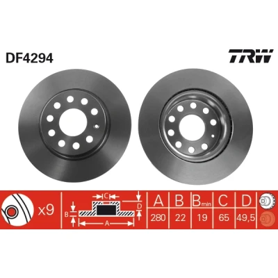 Abbildung von TRW DF4294 Bremsscheibe 280 22 9 112 Belüftet lackiert hochgekohlt VOLKSWAGEN: Golf Plus / Crossgolf, Caddy 3 Kombi, Jetta 3, AUDI: A3 Schrägheck
