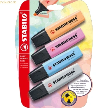 Abbildung von Textmarker STABILO BOSS ORIGINAL Pastel 4er Pack sanftes Orange, himmlisches Blau, frische Fuchsie, seidengrau