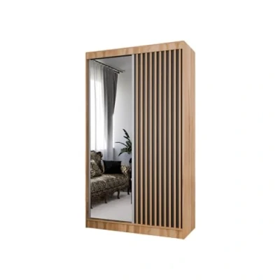 Abbildung von MargaretHadas24 Kleiderschrank Lili mit Lamellen und Spiegel inklusive 2 Schiebetüren Schwebetürenschrank Kleiderstange Garderobe Schrank (Eiche Craft Gold, schwarz, Lamelle wotan, Spiegel, 120 cm)