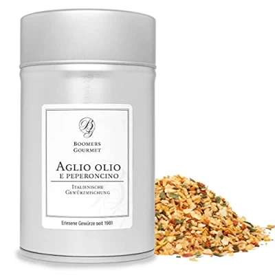 Abbildung von Boomers Gourmet Aglio e Olio Gewürz, hochwertiges Spaghetti authentische Italienische Gewürzmischung, Ideal für Pasta und Gewürzdose 11,5 cm 110 g