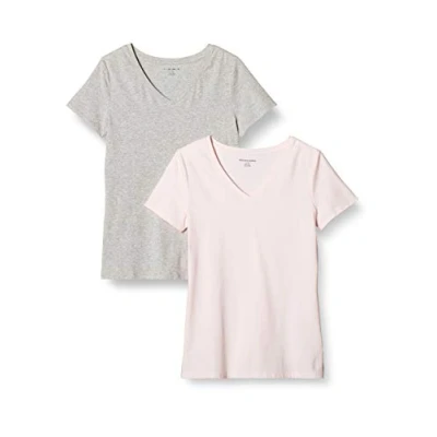Abbildung von Amazon Essentials Damen Kurzärmeliges T Shirt mit V Ausschnitt, Klassischer Schnitt, 2er Pack, Hellrosa/Hellgrau Meliert, XXL