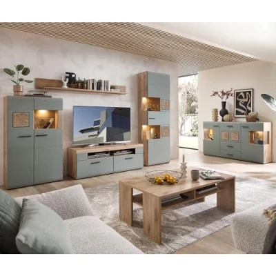 Abbildung von Wohnwand Wohnmöbel Set Eiche mit Schilfgrün 6 teilig Modern, 1 Highboard, Wandboard, Lowboard, Vitrine, Couchtisch, Sideboard inkl. Beleuchtung