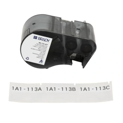 Abbildung von Brady Authentische (M5 133 427) selbstklebende Vinyl Etiketten, 2,5 cm H x 4,4 B, Schwarz auf Weiß, transparent, 140 Etiketten