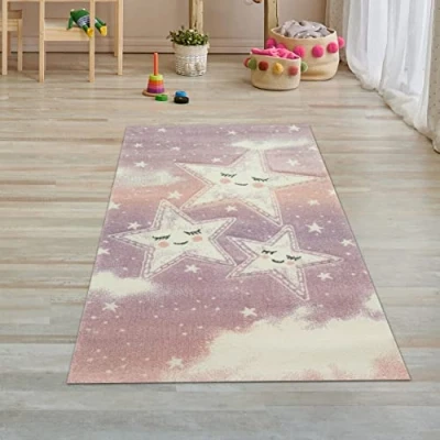 Abbildung von Teppich Traum Kinderzimmer Spielteppich Himmel Wolken Sterne Design rosa Creme Größe 80x150 cm
