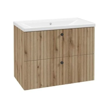 Abbildung von .Deftrans Domodomo Badezimmerschrank mit Waschbecken, 80 x 46 64 cm Eiche, Badezimmer Hängeschrank waschbeckenunterschrank schubladen