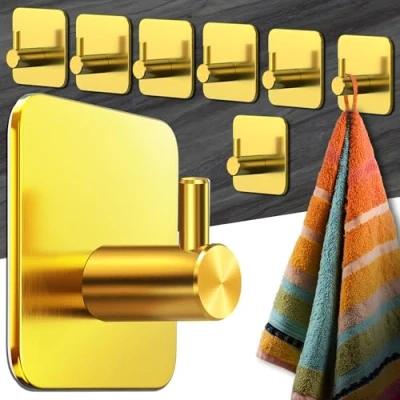 Abbildung von Menz Handtuchhalter ohne Bohren 8 Stück goldene Badezimmer Handtuchhalter, Edelstahl Klebehaken, funktionale Haken, Haken selbstklebend, Handtuchhaken für Bad, Küche, mit wasserfesten Klebepads