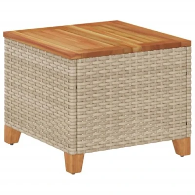 Abbildung von vidaXL Gartentisch, Beistelltisch für Garten Terrasse, Couchtisch mit Holzplatte, Balkontisch Kaffeetisch Gartenmöbel, Beige Poly Rattan Akazienholz