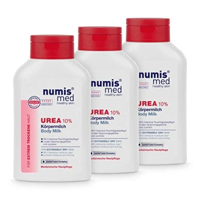 Abbildung von numis med Körpermilch mit 10% Urea Hautberuhigende Bodylotion für extrem trockene, zu Juckreiz neigende Haut vegane Hautpflege ohne Silikone, Parabene &amp; Mineralöl Lotion 2er Pack (2x 300 ml)