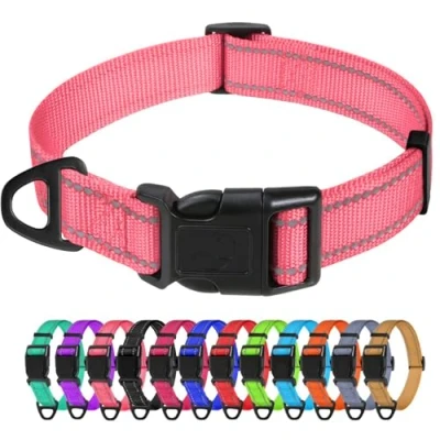 Abbildung von TagME Nylon Hundehalsband, Verstellbares Reflektierendes Hundehalsband mit Sicherheitsschnalle für Kleiner Hund, Rosa, 1.5cm Breite