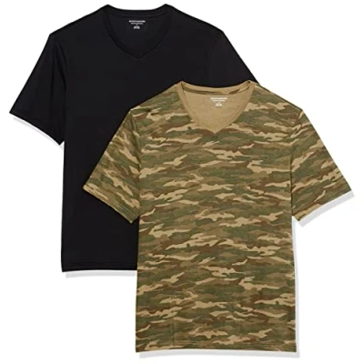 Abbildung von Amazon Essentials Herren Kurzärmelige T Shirts mit V Ausschnitt, 2er Pack, Military Muster/Schwarz, XL