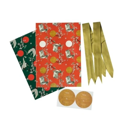 Abbildung von Grupo Erik Geschenkpapier Set Japan Schleifen und Aufkleber Packpapier 2 Geschenkpapierbögen 50 x 70 cm Weihnachten oder Geburtstag