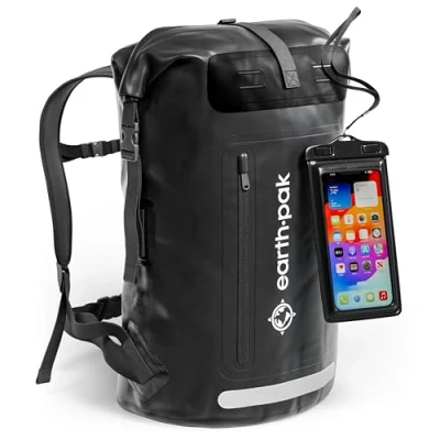 Abbildung von Earth Pak Summit Serie wasserdichter Rucksack, Backpack mit leistungsstarkem Reißverschluss und Rolltop, wasserfester Handyhülle Schwarz 35L