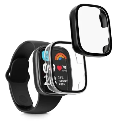 Abbildung von kwmobile 2X Cover kompatibel mit Xiaomi Redmi Watch 3 Active/Redmi Lite Hülle Fullbody Fitnesstracker Case Set aus Glas Transparent Schwarz