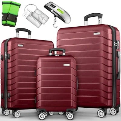 Abbildung von tillvex® Reisekoffer Set 3 TLG. + Gepäckwaage, 6X Koffergurte &amp; 3X Kofferanhänger Kofferset 4 Rollen Trolley Gepäck Koffer TSA Schloss Rollkoffer Hartschalenkofferset S M L XL (Rot)