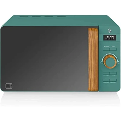 Abbildung von Swan Nordic Digital Mikrowelle 20L, 6 Betriebsstufen, 800W Leistung, Timer 30 min, Easy Clean, Auftaumodus, Modernes Design, Griff in Holzoptik, Matt Grün