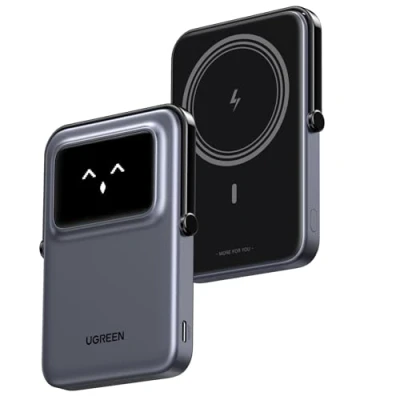 Abbildung von UGREEN UNO Wireless Power Bank 5000mAh Magnetische Powerbank mit faltbarem Ständer und TFT Display, 20W USB C Schnellladung &amp; 7.5W kabellos Magsafe kompatibel iPhone 16 12 Serie(Schwarz)