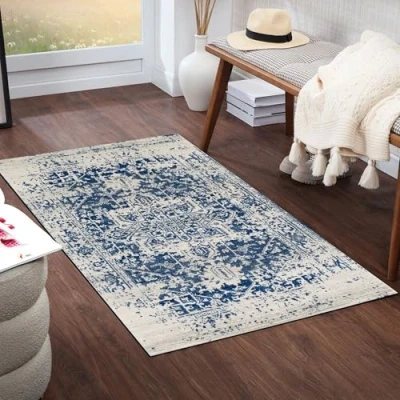 Abbildung von Surya Syracusa Vintage Teppich läufer Teppiche Wohnzimmer, Esszimmer, Flur, Carpet Living Room Orientalischer Boho Style Bunter Muster, Navy, Medium Gray, Light Beige 80x150cm